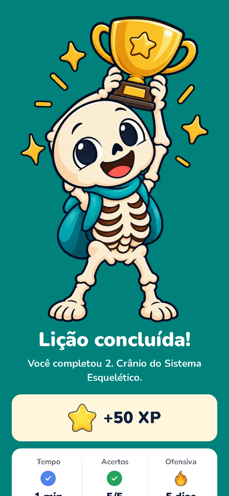 Lição concluída com o mascote segurando o troféu
